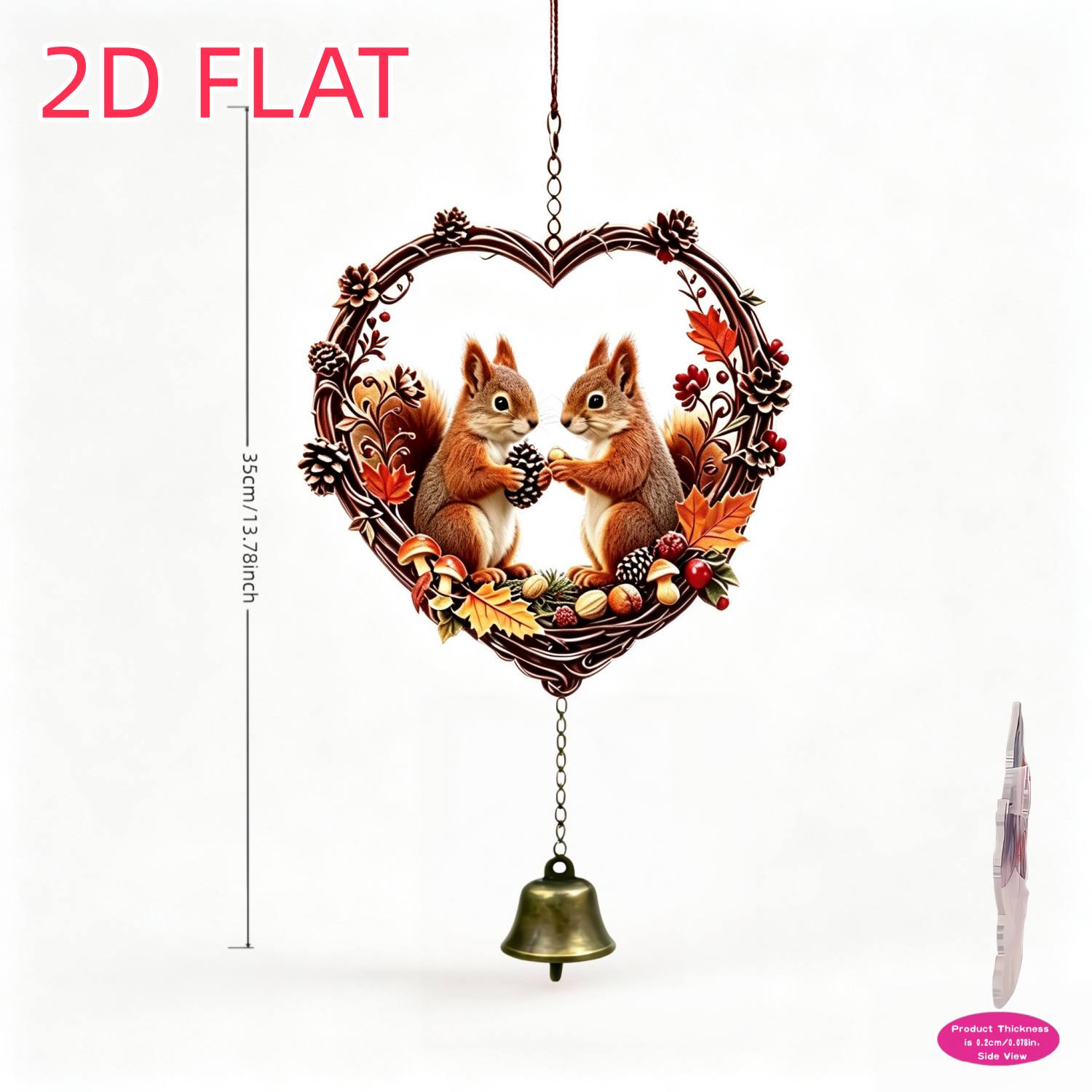 TEMU Heart-shaped Wreath Squirrel Wind Chime Hanging Ornament, 2d Flat Decorative Tag, Autumn Style With 2pcs Cute Squirrels And , Pine Cones,