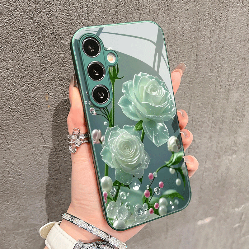 TEMU Phone Case - Advanced Romantic Rose Pattern Glass Phone Case For Galaxy S25/s25 Ultra/s25 Plus/s25 Edge/s24/s24 Fe/s24 Ultra/s23/s23