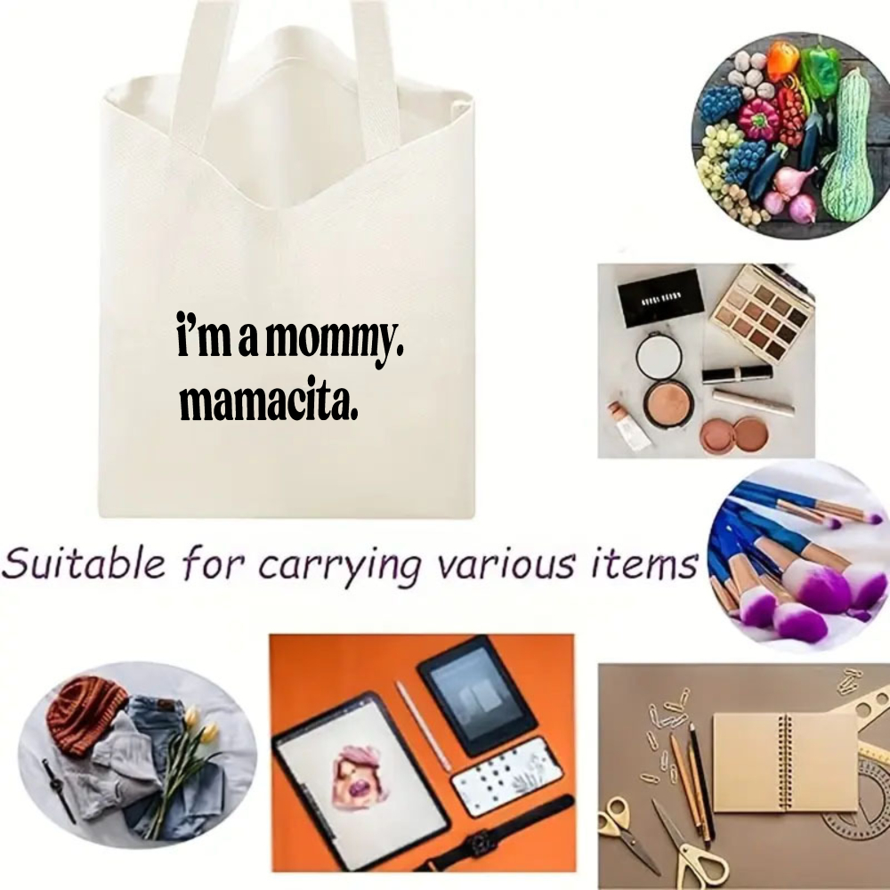 Image of 1pc Off-white I'm A Mommy Mamacita Canvas Tote Bag For Women - Shopping Handbag - Library School Tote - Handbag - Perfect As A Christmas Or Birthday Gift For Mom - Ideal For Students And Educators