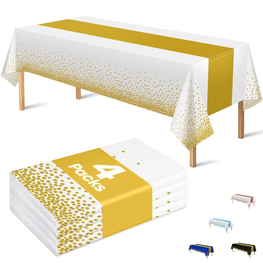 TEMU Lot de 4 nappes en plastique jetables pour fêtes, nappes rectangulaires blanches et dorées pour décoration d'automne, mariage, fête prénuptiale,