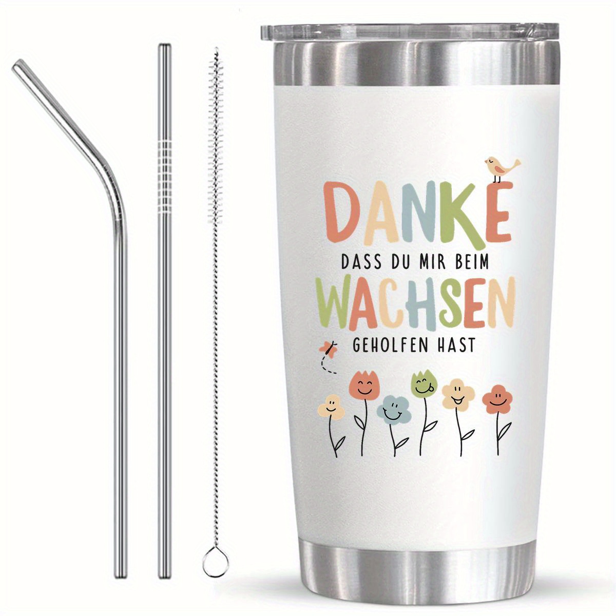 Image of German Thank - A Stylish Cartoon Design Featuring Flowers And Birds, A Stainless Steel Insulated Tumbler Perfect For Teachers, , And Creative Educators. Great For Anniversaries, Birthdays