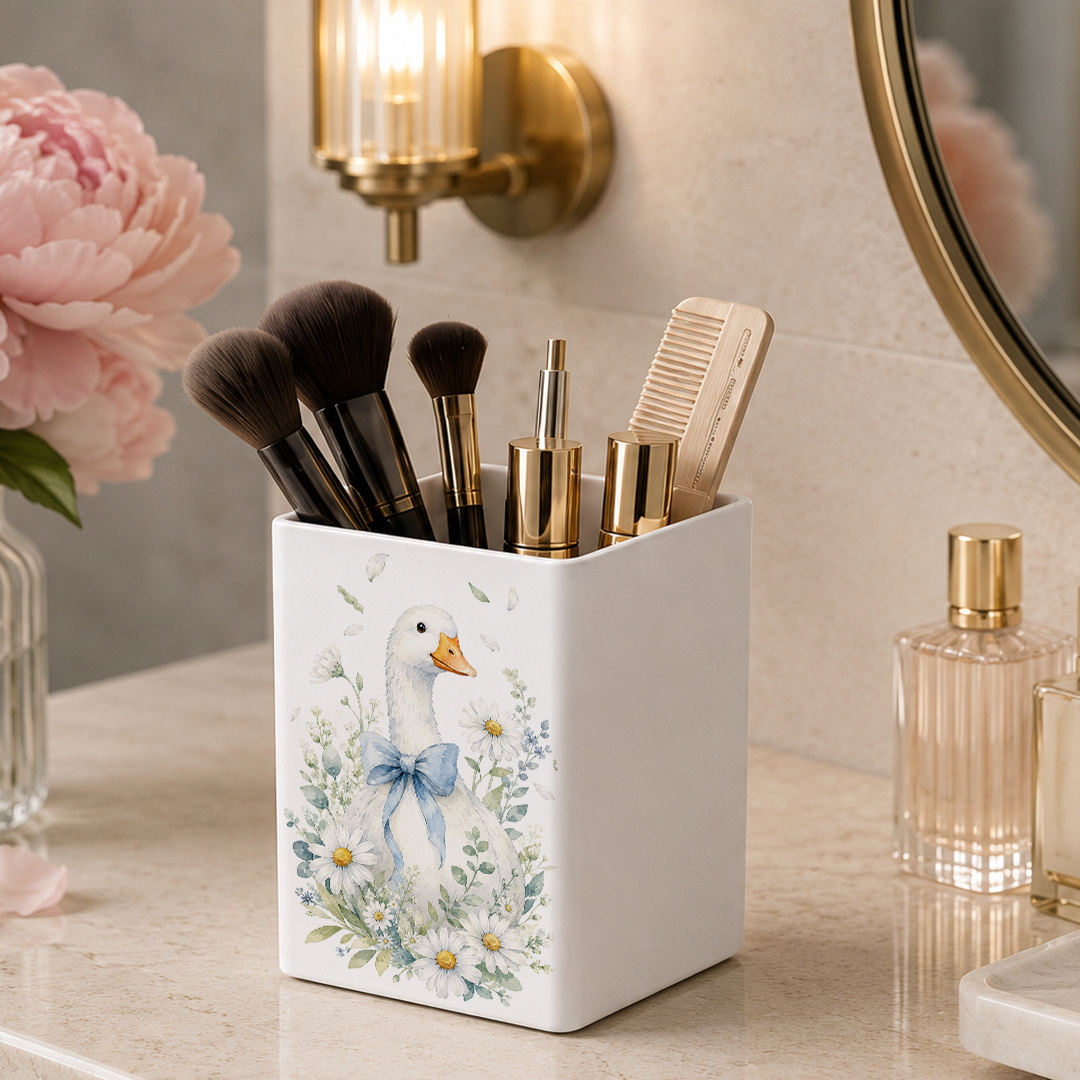 TEMU 1pc Square Pen Holder Storage Box And Daisy Desktop Organizer, With Goose Chicks And Daisy Decorations - Multipurpose Storage Rack, Suitable For