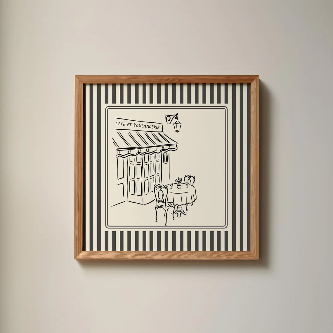 TEMU 1pc And White Striped Art Print, Romantic Afternoon Tea Canvas Painting, Frameless Unique Aesthetic Decor, Bedroom And Living Room