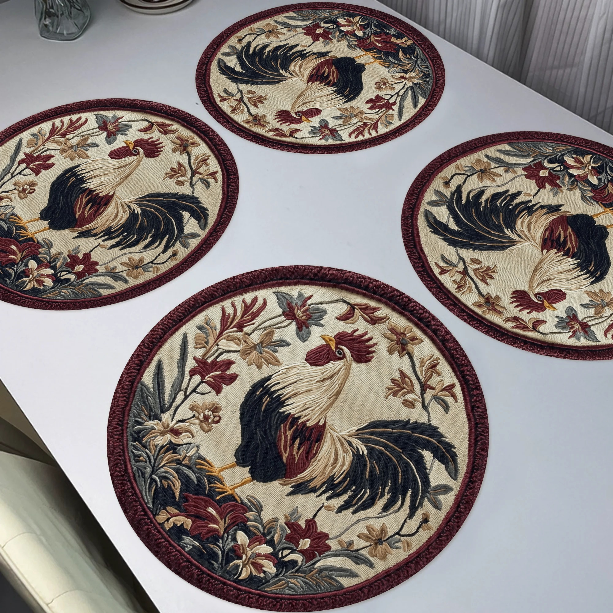 

4-pack Retro Rooster & Floral Round Placemats, 100% Polyester Woven Table Mats, Non-slip Heat Resistant, Hand Wash, Decorative Dining & Party Place Settings - 15