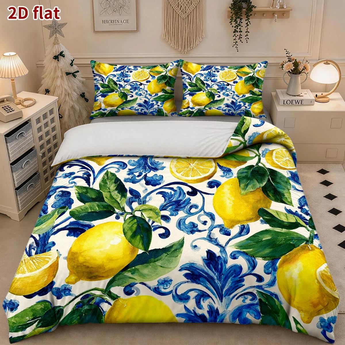 TEMU Ensemble de housse de couette 3 pièces, 1 housse de couette et 2 taies d'oreiller (remplissage non ), thème citron et , style peint à ,