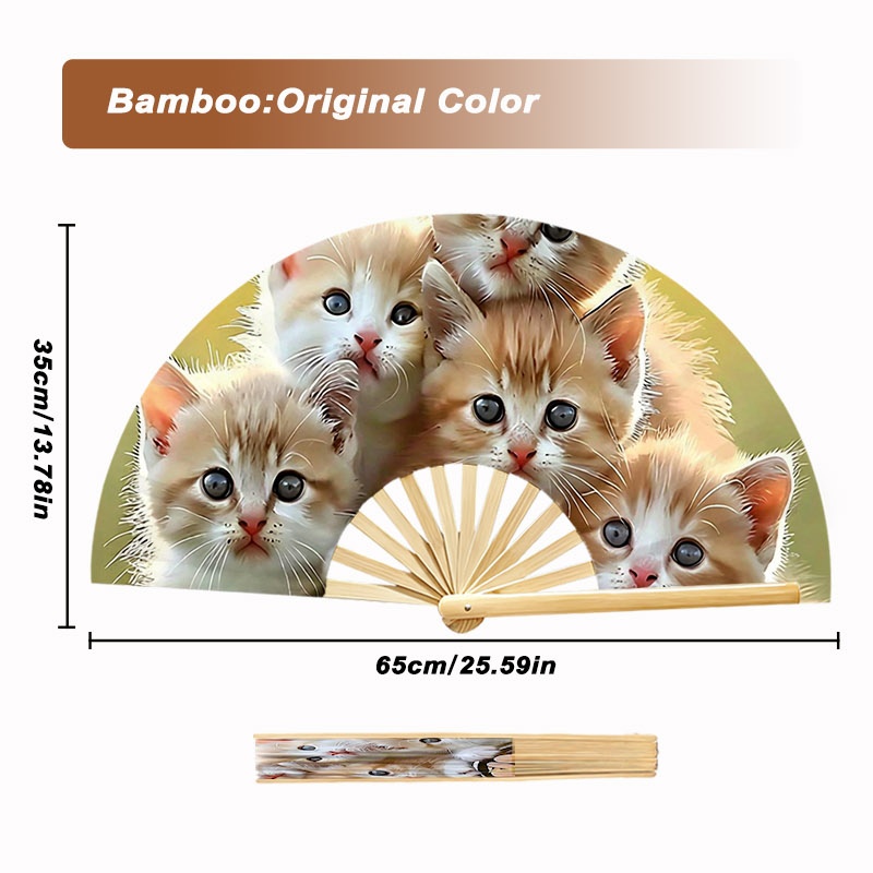 TEMU 2d Flat Natural Bamboo Wooden Folding Decorative Fan, Cute Fluffy Kitten Print, Lightweight Handheld Craft Fan For Home Decor, Multiple