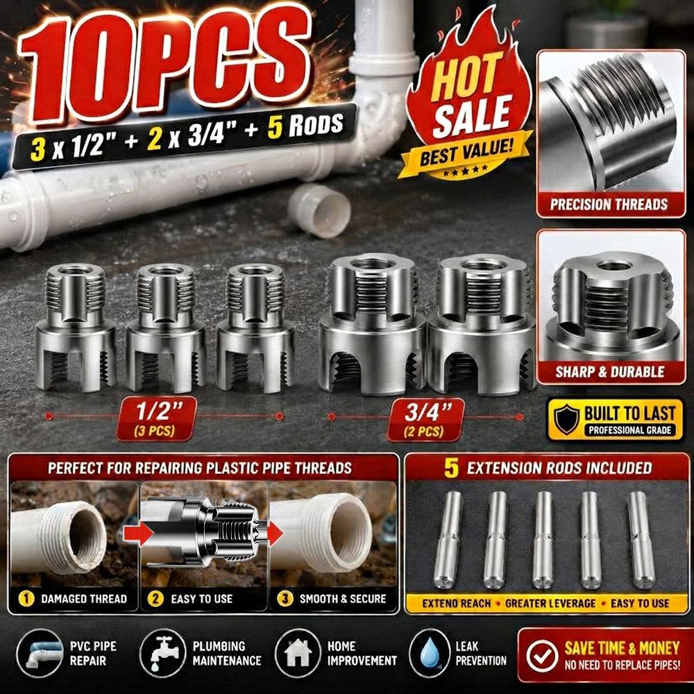 TEMU 10pcs Heavy Duty Pipe Threaded Tools Set-5 Extension Rod+3pcs 1/2'+2pcs 3/4'internal External Pipe Threader Kit, Thread Tapping Tool Compatible