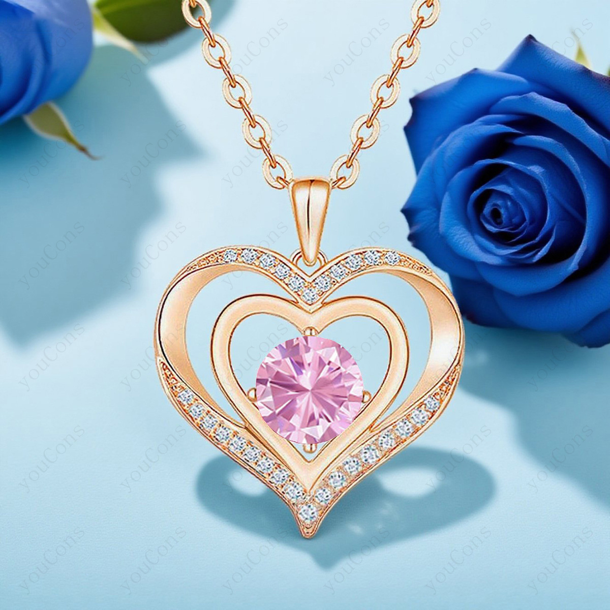 Women's Pink Birthstone Heart Pendant Necklace Gift Set