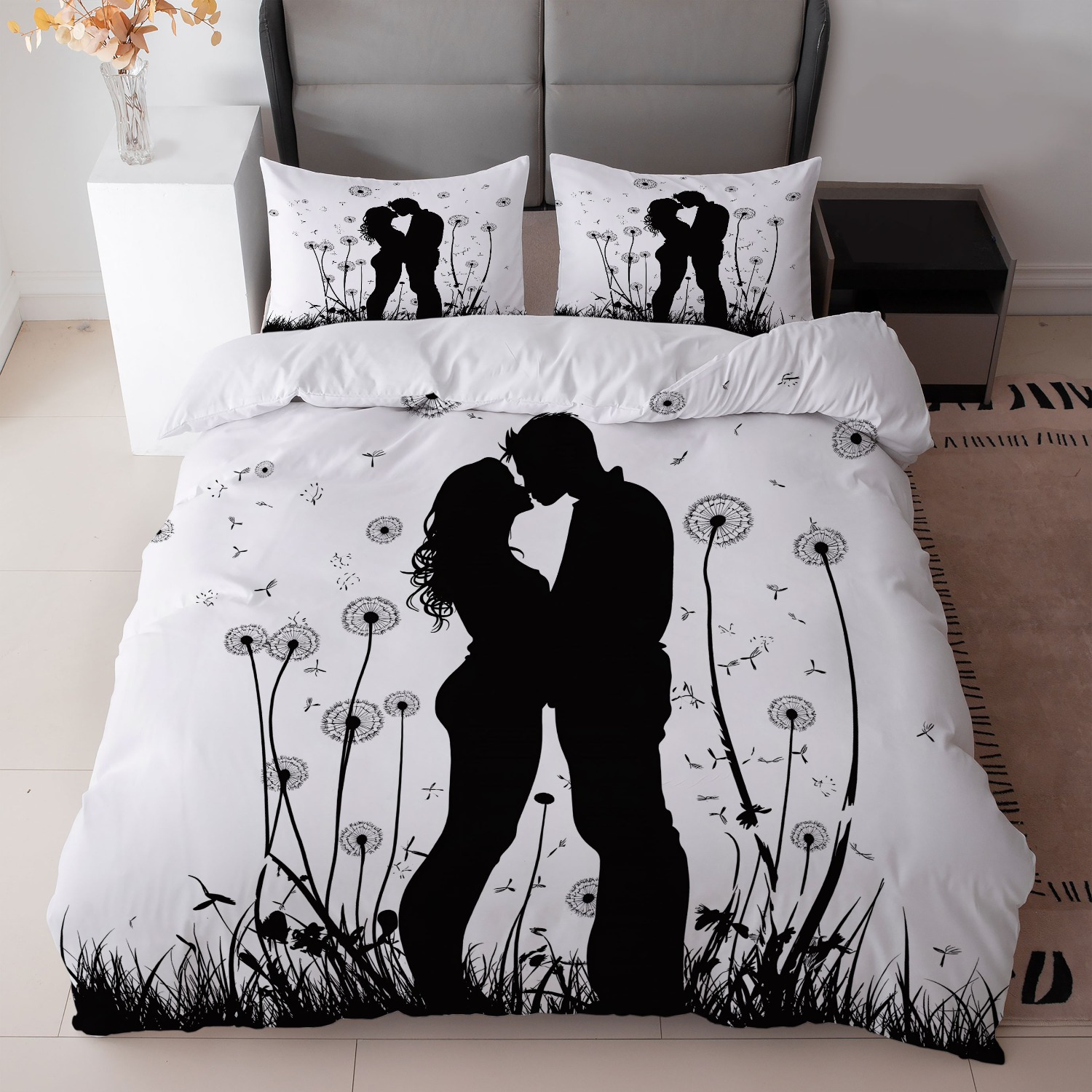 TEMU Set Of 3 Romantic Black And White Dandelion Couple Prints Bedding (includes 1 Duvet Cover And 2 Pillowcases, Core Not Included) For Bedroom