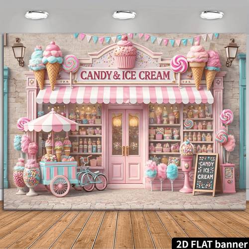 2d plat, 2d plat spandoek snoep- & ijssalon thema achtergrond, macaron , gesimuleerde gevel van een dessertwinkel met lolly, ijs en marshmallow elementen, vintage straatscène ontwerp, materiaal, voeding , geschikt voor binnen-/buitenfeesten, fotografie, wanddecoratie