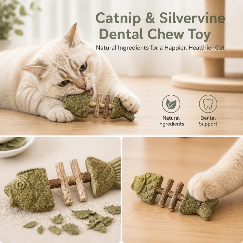 TEMU ** 4pcs Fishbone Silver Vine Cat Chew Sticks, Cat Tooth Grinding Toys, Oral Care Dental Chew Toys For Kittens And Adult Cats **