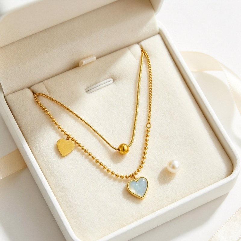 Double-Layered Stackable Heart-Shaped Necklace with Round Bead Chain