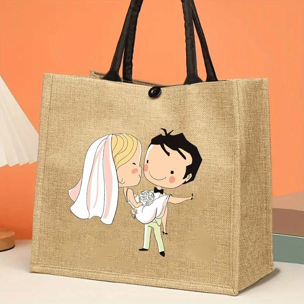 E-shop Retro Hochzeits-Tragetasche, Große Kapazität Stoffhandtasche mit '' Druck, Strapazierfähiges Jutematerial für Picknick im Freien, Reisen,
