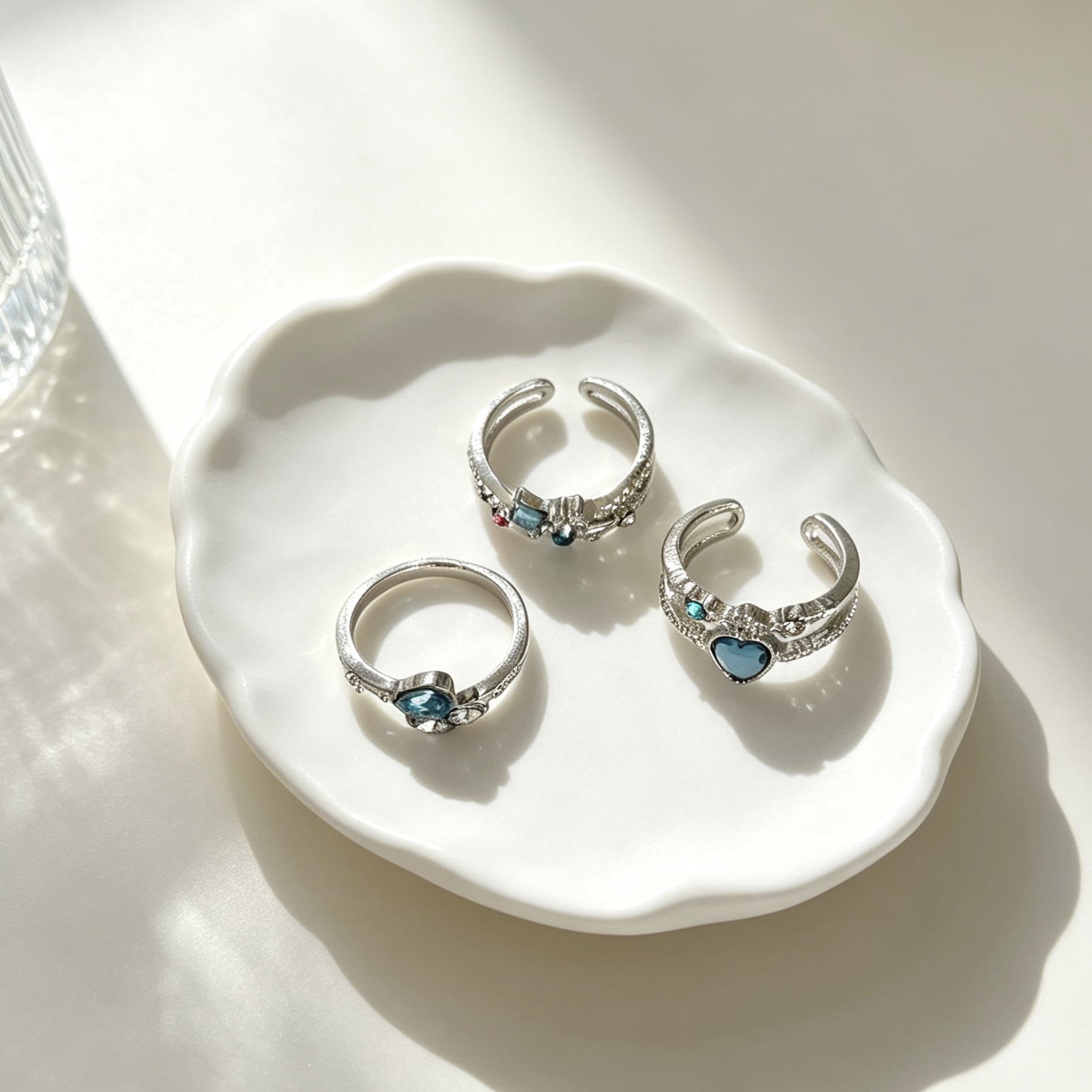 3pcs Blue Heart-Shaped Adjustable Ring Set