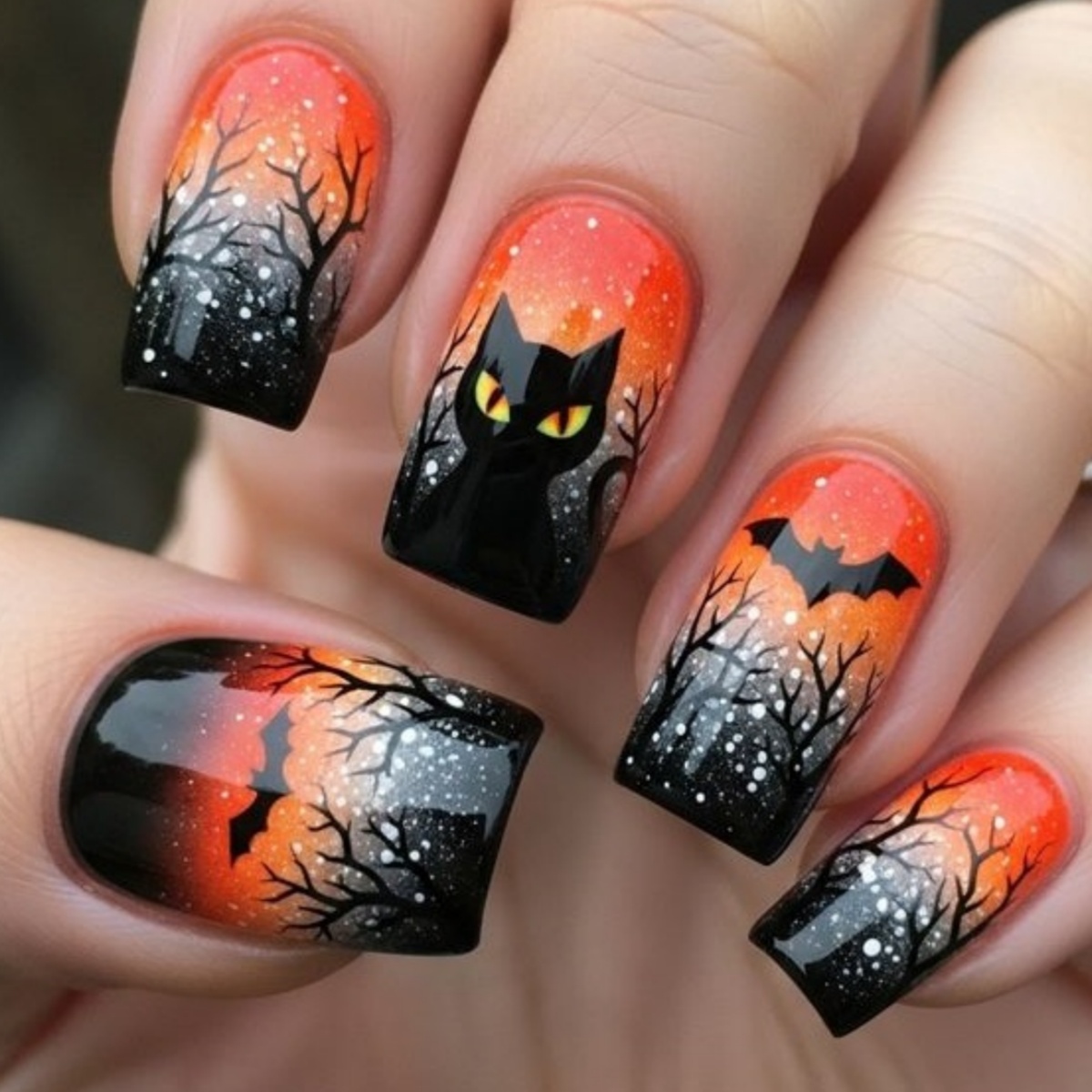 TEMU 24pcs Halloween Forest Costume Additions - Long Oval Artificial Nails With Gradient Design Of Black Cat, Bat, Withered Tree. Festive Party Nail
