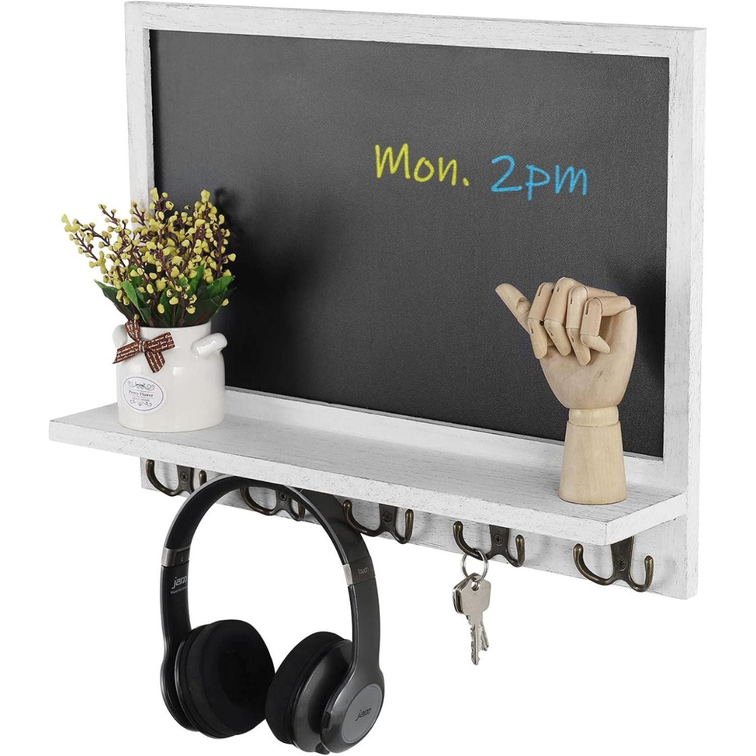 

Wall Mounted Chalkboard With 5 Hooks And Wood Shelf Organizer - Key Holder For Entryroom, Mudroom, Hallway, Office, Garage - Rustic Home Decor