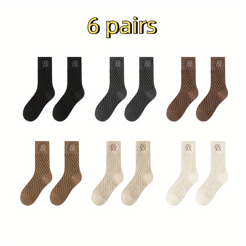 Image of 6 Pairs Of Mixed Color Women's Warm Winter Socks, Mid-calf Ribbed Design In Soft Beige And Black For Casual And Formal Occasions