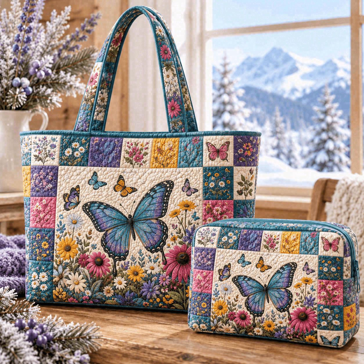 TEMU 2pcs Blue And Print Quilted Tote Bag Set With Matching Pouch, Colorful Visual, Large Capacity Fabric Tote Bag For Shopping, Travel, Beach Trips,