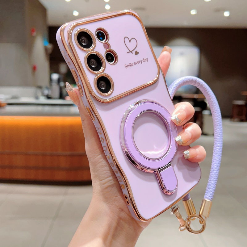 TEMU Phone Case: Minimalist And Stylish Electroplated With , Large Viewing Window, Side Hearts, Metal Bracket, And Short Lanyard With Magnetic