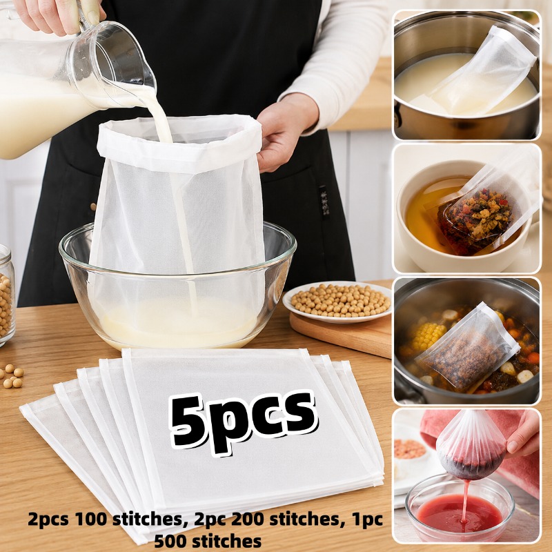 TEMU 5pcs Extra Large Nylon Drawstring Filter Bags - Ideal For Making Soy Milk And Cooking, Yogurt Strainers, Durable And Reusable Kitchen Filters,