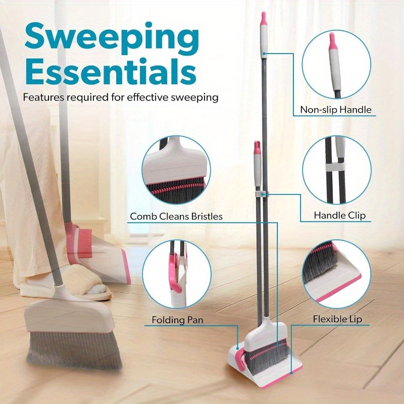 butler   broom and dustpan set - heavy-duty cleaning system with ergonomic stand, lightweight & space-saving combo for hardwood, tile, carpet floors - ideal for kitchen, living room, bathroom, hallway - white & pink with red accent - compatible with angle broom (not included) - ideal for home, office, apartment cleaning Product details 4