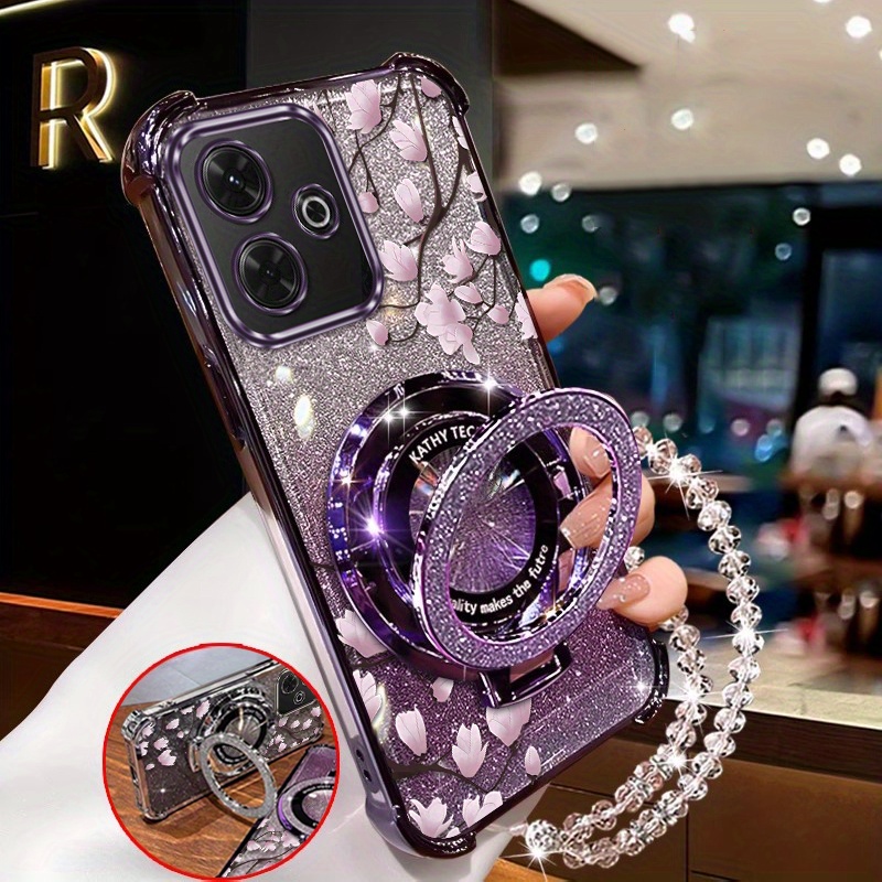 TEMU Phone Case - For Redmi 13 Case Featuring Romantic Roses, A Ring-shaped Stand, And Lanyard, Designed For And Impact Resistance