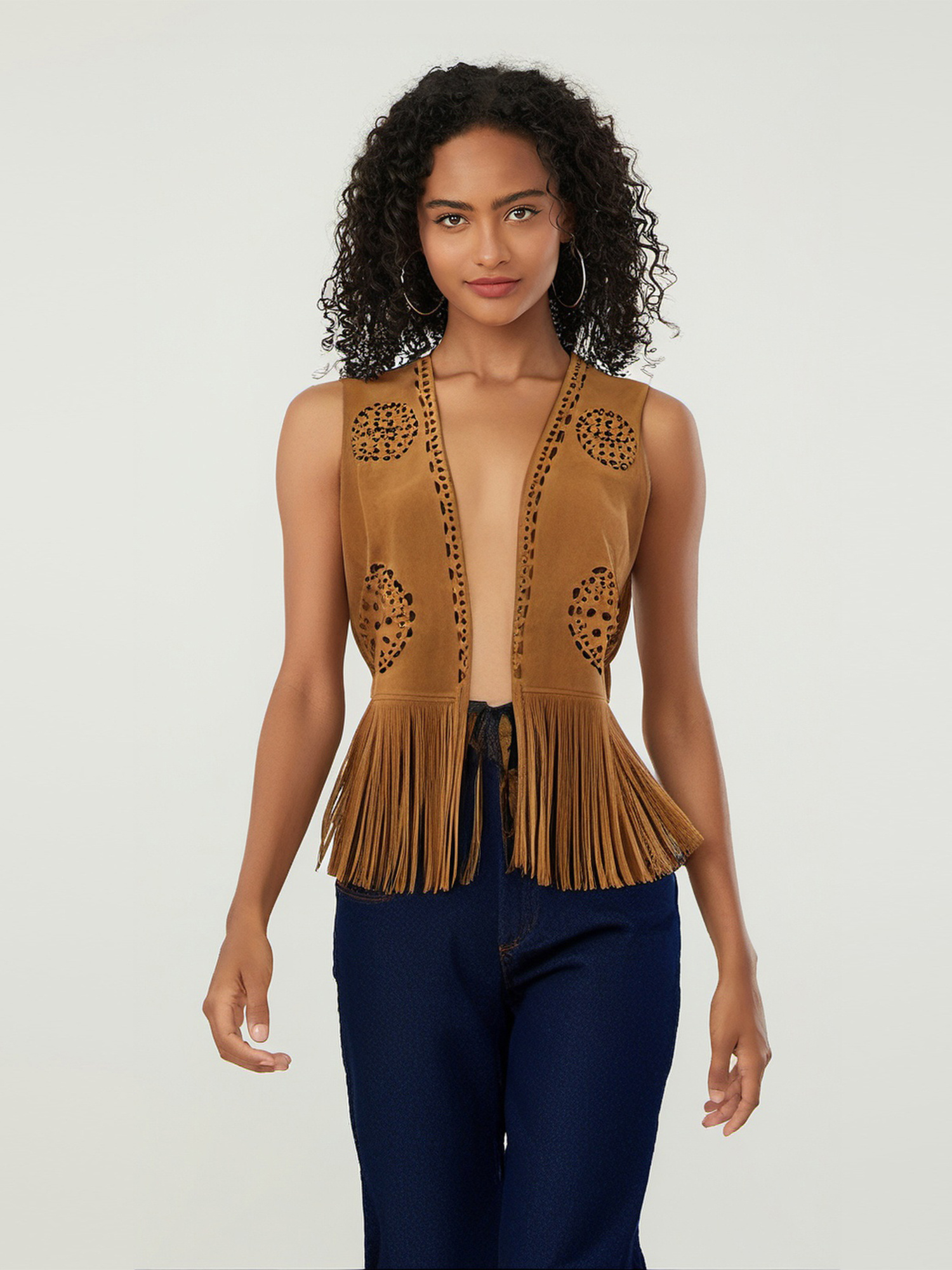 Alvivi Women's Fringe Vest 70s Hippie Costume Sleeveless Tassels Cardigan Cowgirl Western Tops Beige L