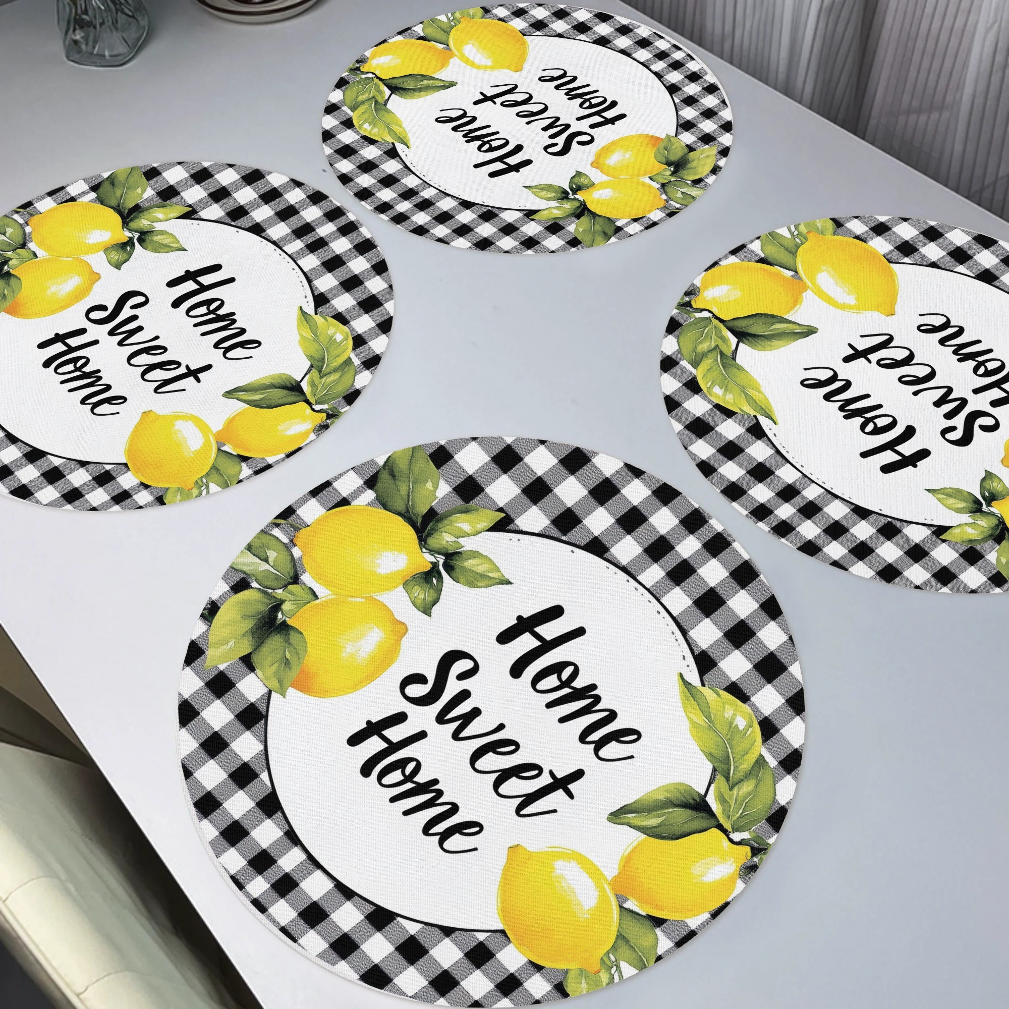 

4pcs Spring Lemon Placemats, Check Round Table Mats For Home Decor Non-slip Washable Place Mats For Daily Banquet Party Dining Table Decoration 15