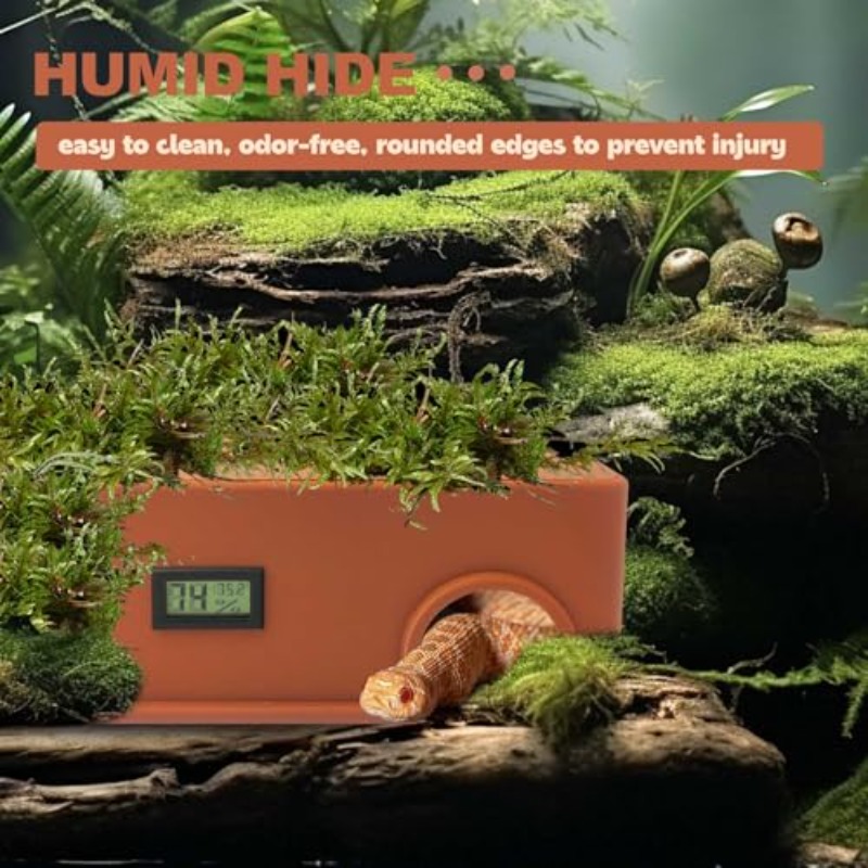Reptile Hideout with Temperature & Humidity Sensor Suitable for Snakes, Lizards, Ball Pythons, Leopard Geckos - Humid Hide Box with Humidification Groove, Wood Habitat for Terrariums, Reptile for Small Reptiles