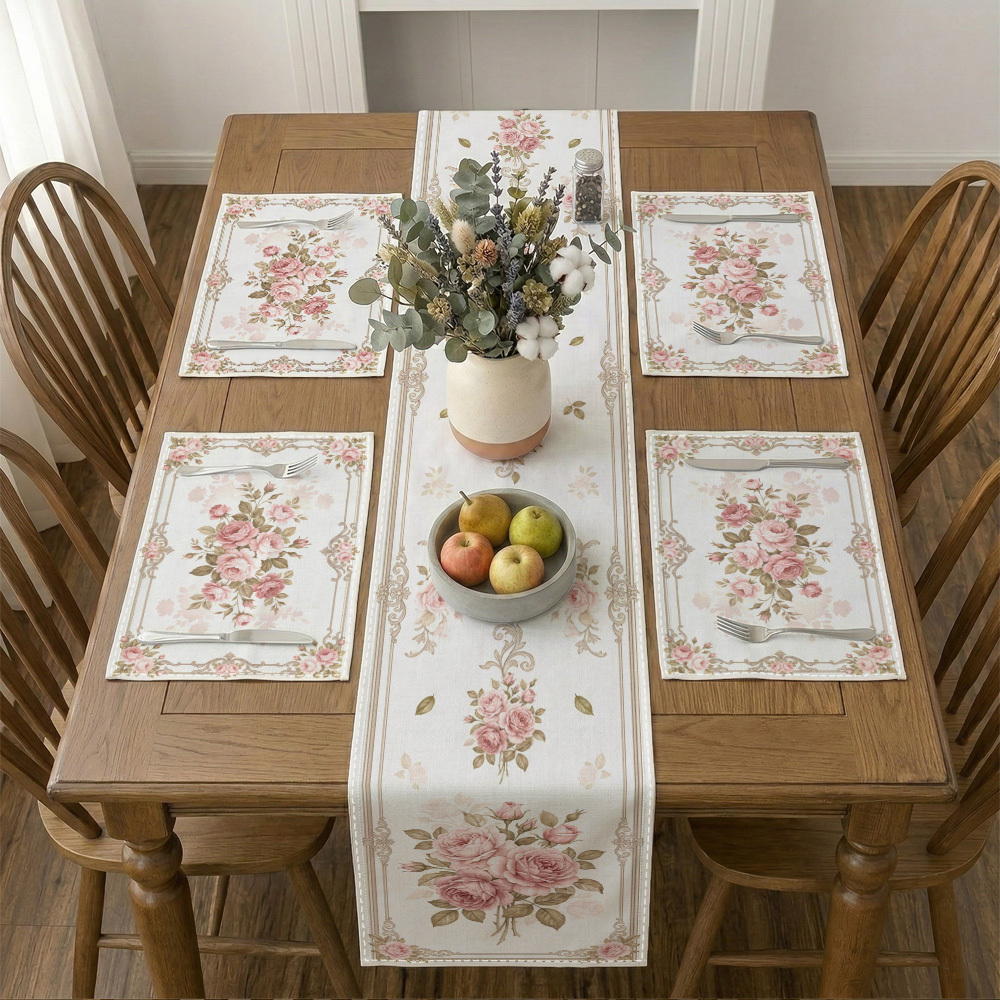 TEMU 1pc Shabby Chic Table Runner & Placemats Suitable For Kitchen And Dining Tables - 5/7pcs Set With Pink Roses & Delicate Frame, Table Decor For
