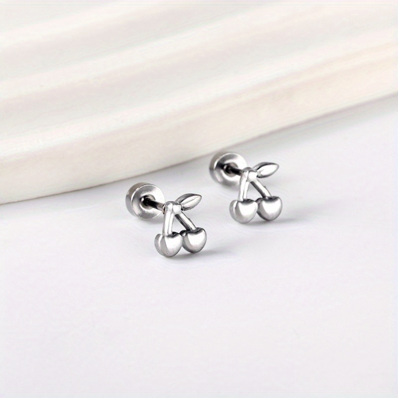 Image of 1 Pair Of Cute Stainless Steel Cherry Screw Stud Earrings, Small And Versatile, Suitable For Daily Wear And Valentine's Day Gifts