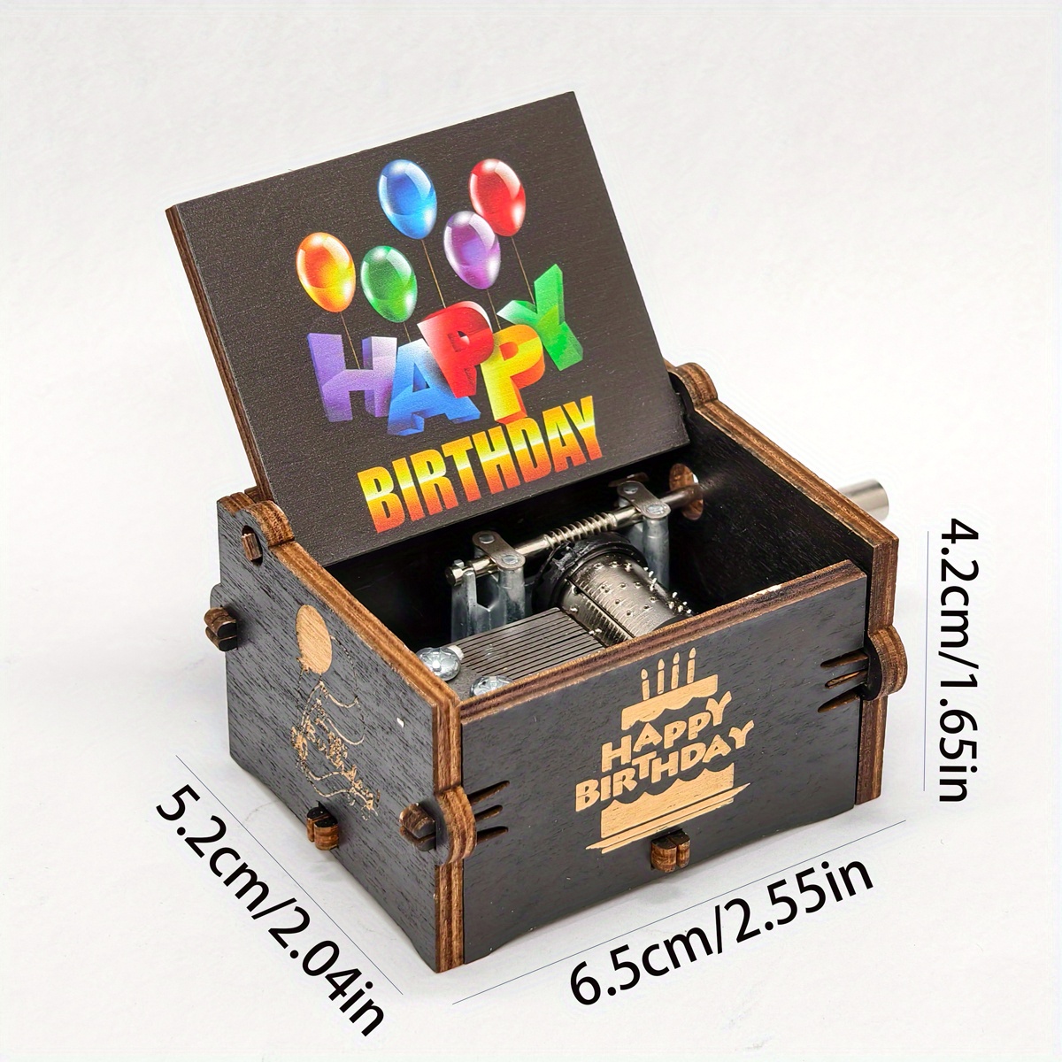 Image of 1 Birthday Themed Hand-cranked Wooden Music Box With 5 Colorful Balloons And Colorful Happy Birthday Logo Printed On Cover. Used As A Birthday To Create A Happy Birthday Atmosphere By Turning Handle.