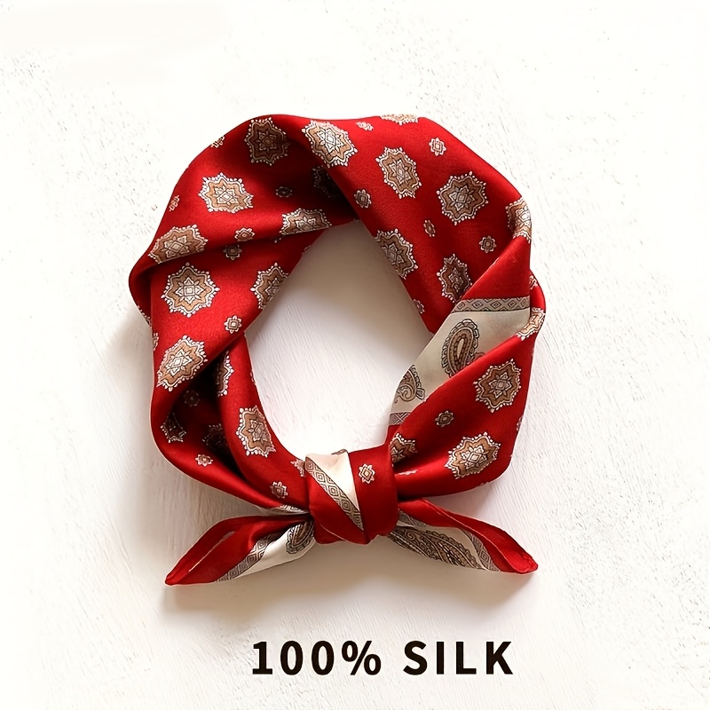 TEMU 1pc, 100% Silk Headscarf, Spring/summer, Red, Golden Snowflakes, And Elegant For Ladies, Bohemian Style, Beach Vacation, Birthday Party, Weekend