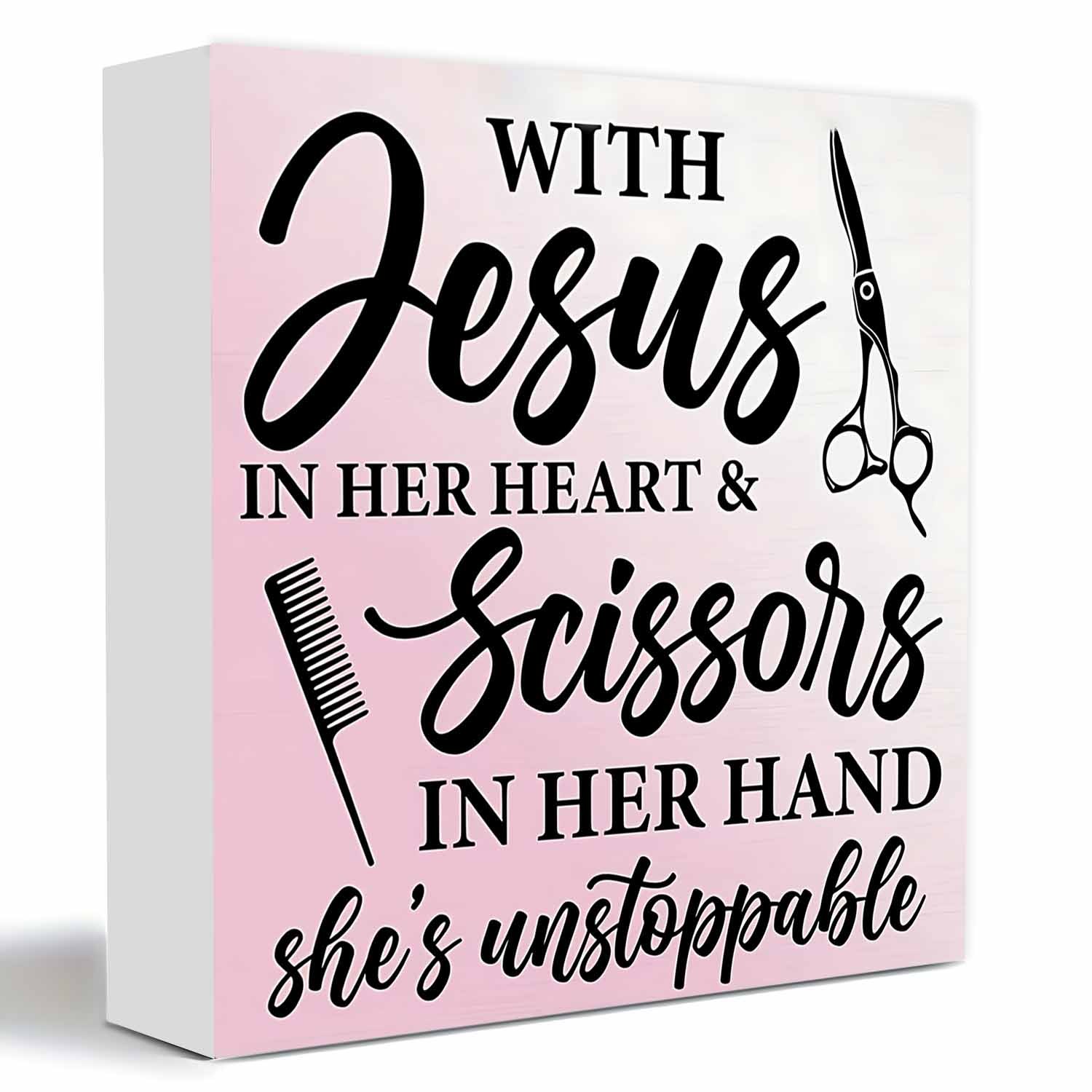 2d Flat 1pc White Wood Box Decorative Sign Plaque In And Scissors In Her Hand Inspirational Quote Hairdresser Salon Gift Home Desk Decor 5x5 Inches Living Room Bedroom Office Shelf And Table Decor