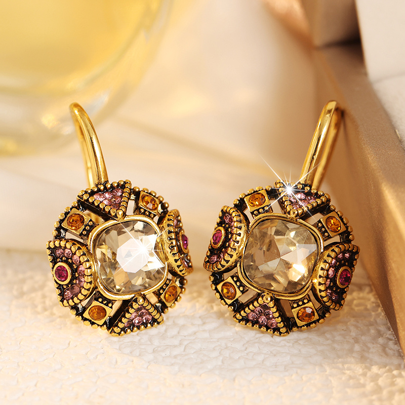 TEMU Ladies' Vintage Square Earrings, Geometric Splicing Hollow Inlaid With Colored Synthetic Zirconia Design, Versatile And Gorgeous Earrings For