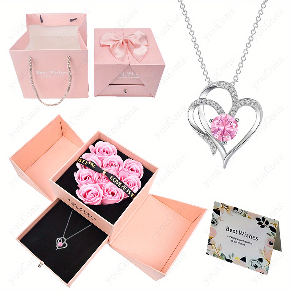 TEMU Une boîte cadeau avec roses roses assorties à un collier avec pendentif de cœur rose, un accessoire élégant et , parfait pour offrir aux mères,
