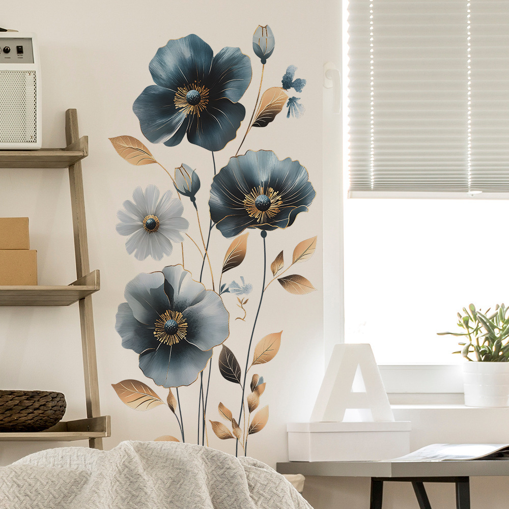 

Blue Floral & Greenery Self-adhesive Wall Decal - Removable Pvc Sticker For Kitchen, Bedroom, And Entryway Home Decor