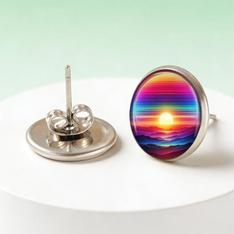 Vibrant Rainbow Sunset Mountain Glass Stud Earrings
