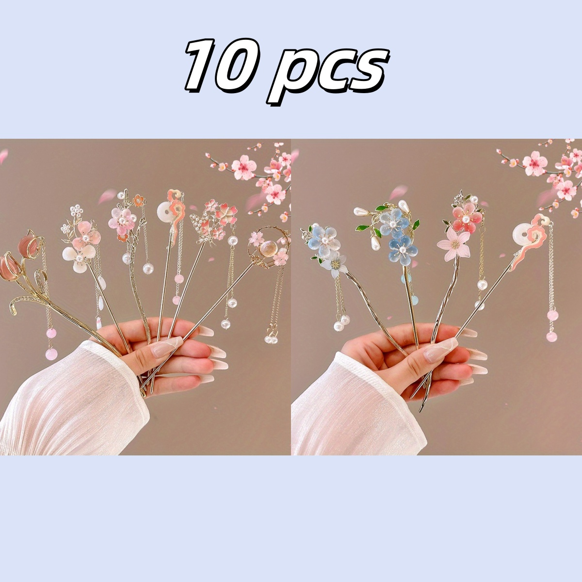 TEMU 10-pack Elegant Alloy Hairpins With Pink And Acrylic Accents, Traditional Hanfu & Wedding Hair Accessories, Chic Hairpins For Women