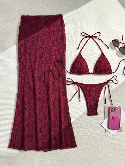 womens three piece crochet bikini set halter top with side tie swim trunks and a matching midi skirt brown floral knit swimsuit suitable for the beach pool parties and summer vacations stylish resort wear