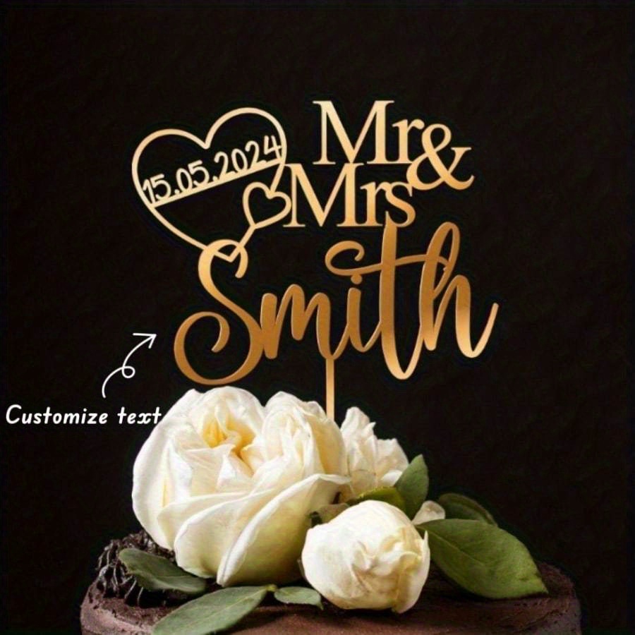 Image of 1pc Custom Acrylic Cake Toppers, Wedding Cake Decorations, Personalised Mr. And Mrs Design, Couple Names And Dates And Heart Shapes, Perfect For Birthday, Wedding Anniversaries, Valentine's Day