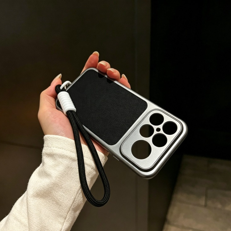 TEMU Phone Case - Slim Shockproof Phone Case, With Detachable Wrist Lanyard Matte Silver Metal Frame Anti-scratch Black Woven Fabric Back Panel For