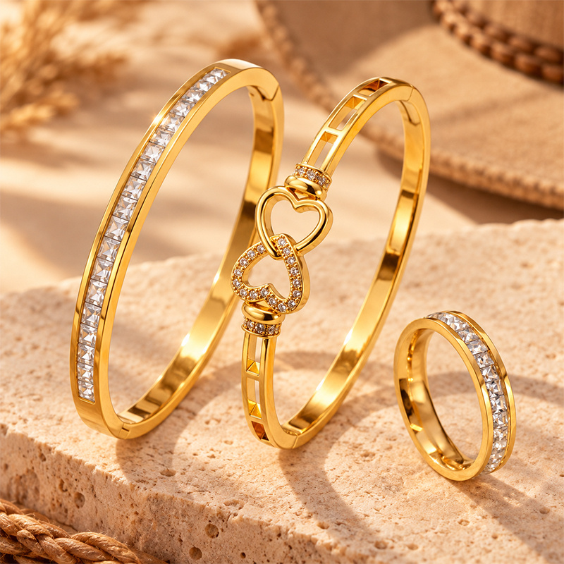 Interlocking Heart 3pcs Jewelry Set, Crystal Bangle & Ring