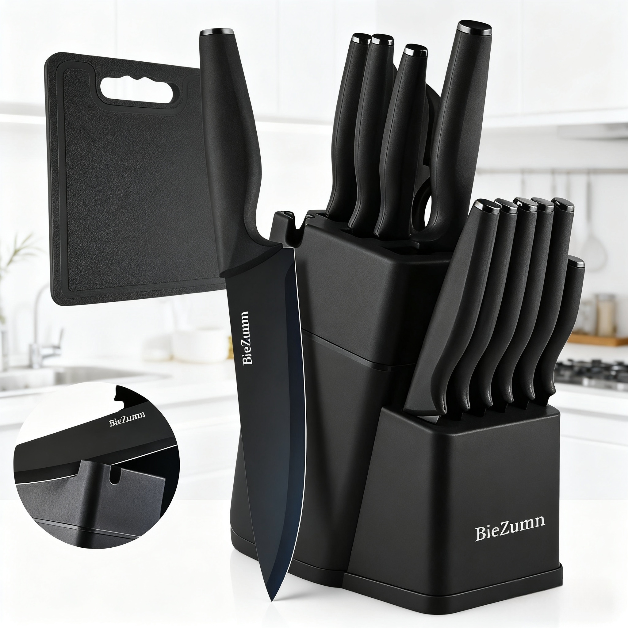 TEMU 15/ Knife Set, Kitchen Knife Set With Block, Dishwasher Safe Kitchen Knife Set With Built-in Sharpener, Stainless Steel Black Knife Set, Kitchen