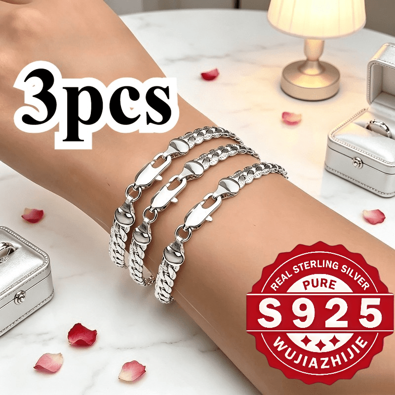 TEMU 2d Flat - Minimalist Flat-design 925 Sterling Silver - 3pcs Flat Bracelet Set; Unisex Style Blending Fashion, , And Luxury; Features A Silvery