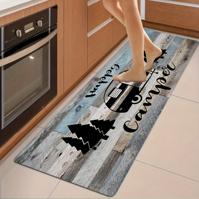 TEMU 1pc Camping Car Series Wood Grain Background Printed Pattern Kitchen Mat, Flannel Made, Square Gram Weight 500g Non-slip, Absorbent, Easy To