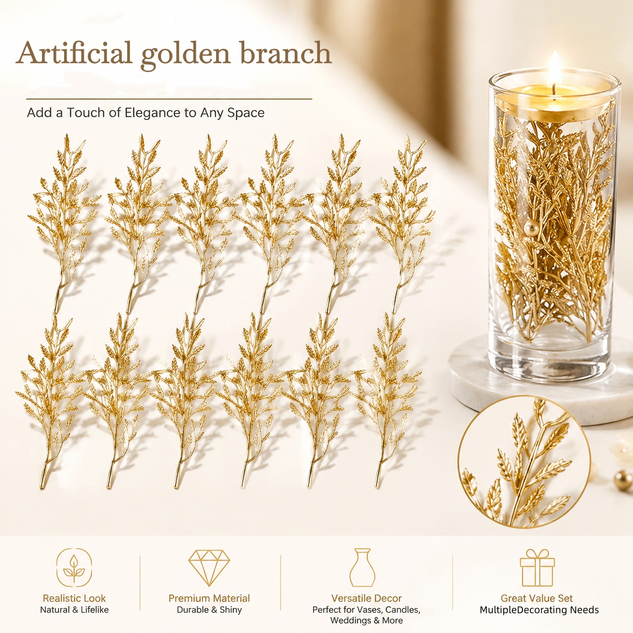 TEMU 10 pièces, Branches d'arbre dorées artificielles, Remplissages de centrepieces pour bougies flottantes, Fleurs en plastique pour décorations de