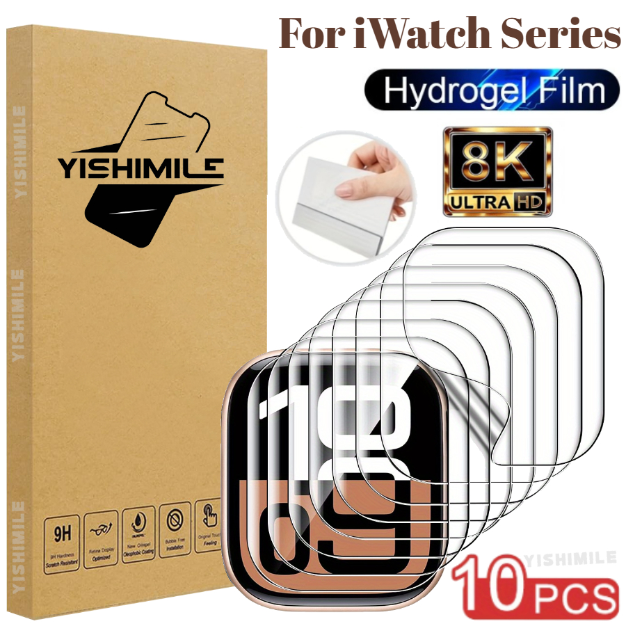 TEMU Juego de 10 protectores de pantalla de hidrogel de definición diseñados para varios modelos de Apple Watch, incluyendo 11 y versiones SE.