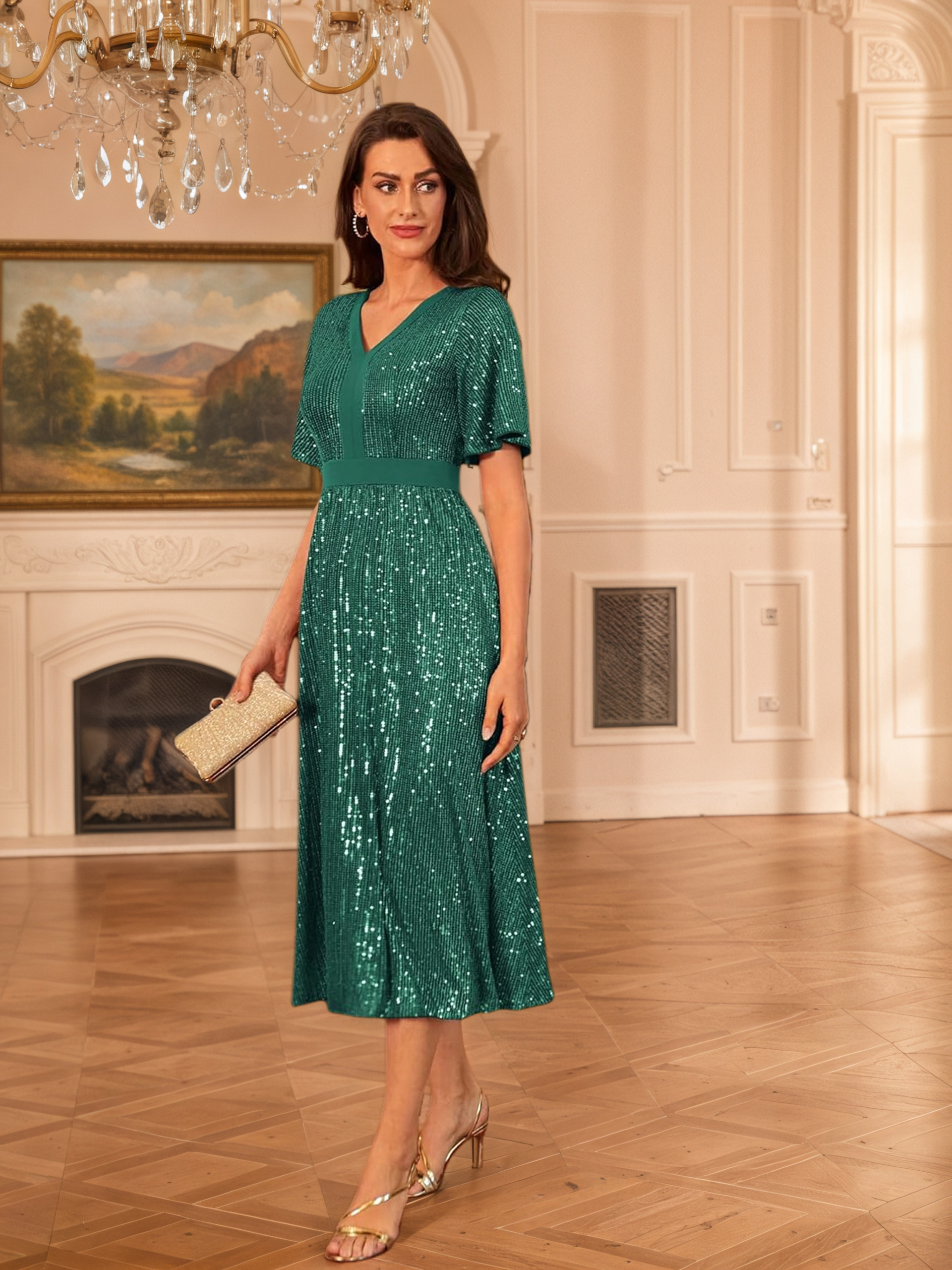 ladies sequin v neck   sleeve high waisted a line shiny sequin formal ball gown green 1