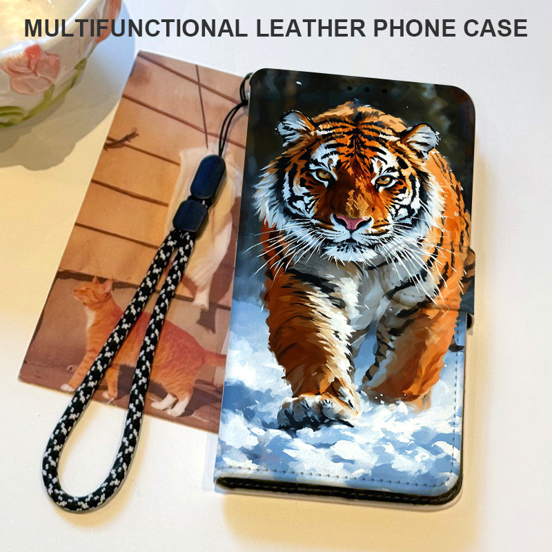 TEMU Phone Case: Tiger Pattern Magnetic Flip Wallet Phone Case With Card Slots, Lanyard, And Foldable Stand, Compatible With Oppo A15/a12/a11//a9